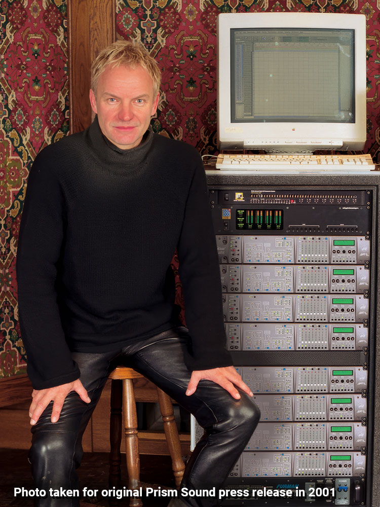 Archive photo of the Artist Sting and his rack of Prism Sound ADA Converters, from 2001